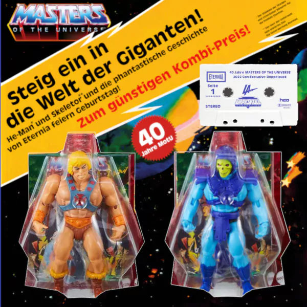 Grayskull Con und Los Amigos 2022 Exclusive He-Man und Skeletor Doppelpack mit USB-Kassette